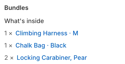 A bundle's contents: 1 Climbing Harness, 1 Chalk Bag and 2 Locking Carabiners.