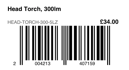 A barcode label with the product name, SKU, price and barcode, for a Head Torch at £34.00.